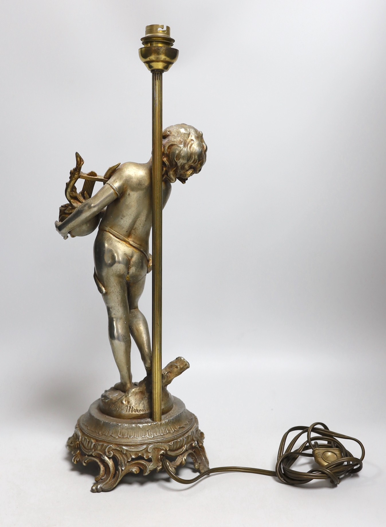 An Auguste Moreau silvered and gilded spelter figural putti musician table lamp, signed. 45cm tall